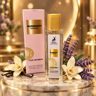 عطر جیبی زنانه الحمبرا Burberry Goddess با رایحه شیرین و وانیلی حجم 35 میلی‌لیتر